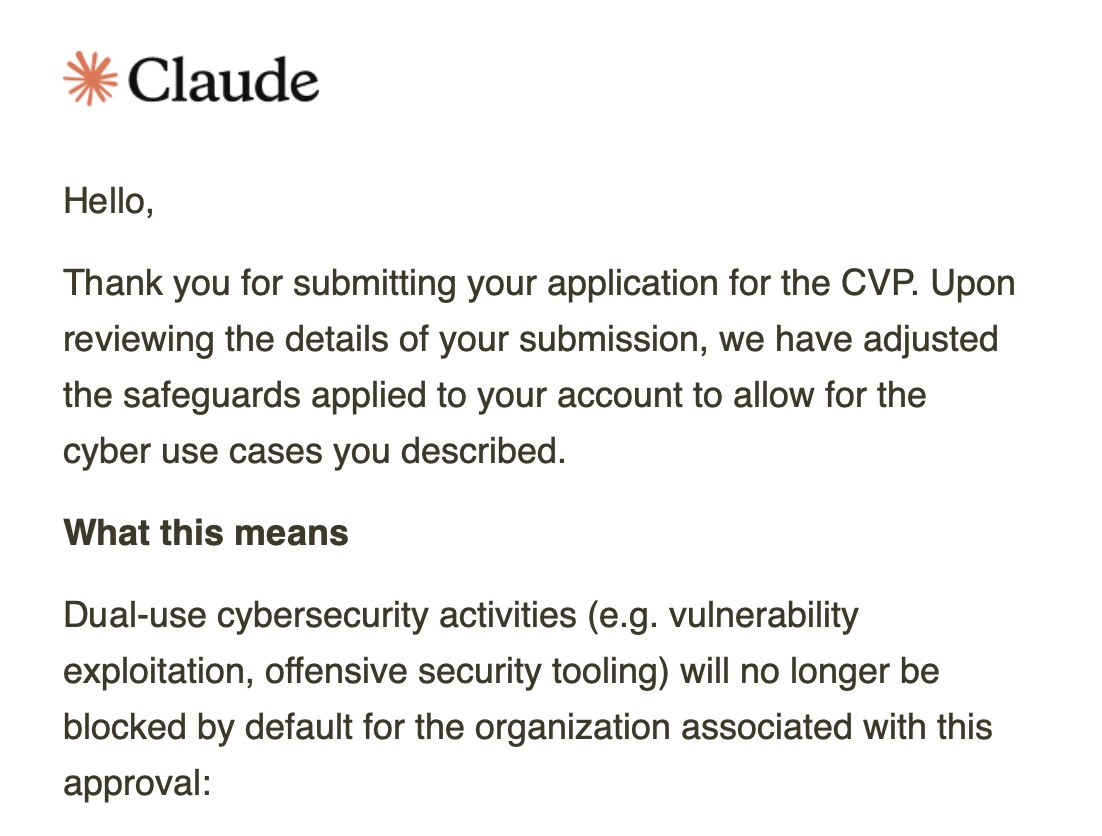 Anthropic Cyber Verification Program approval email confirming adjusted safeguards for dual-use cybersecurity operations
